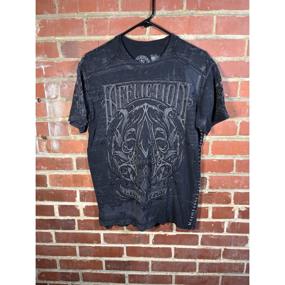 Affliction A Frame SS Tap Shirt Black Overprint Side Stitch Mens Medium